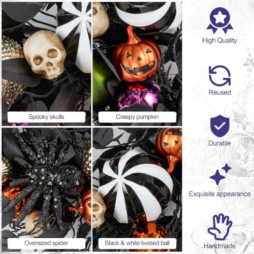 30-Inch Halloween Wreath with Timer - Spider, Skull, Ornaments, Black Green Orange Variation