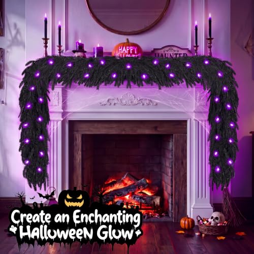 Pre-Lit Halloween Garland 6ft Black Norfolk Pine with Purple LED Lights