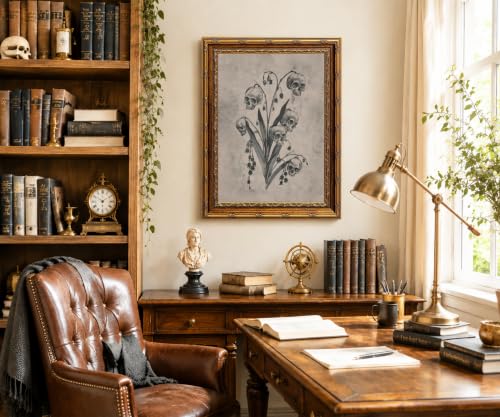 Gothic Skull Floral Wall Art Canvas Print - Vintage Gold Frame 12x16