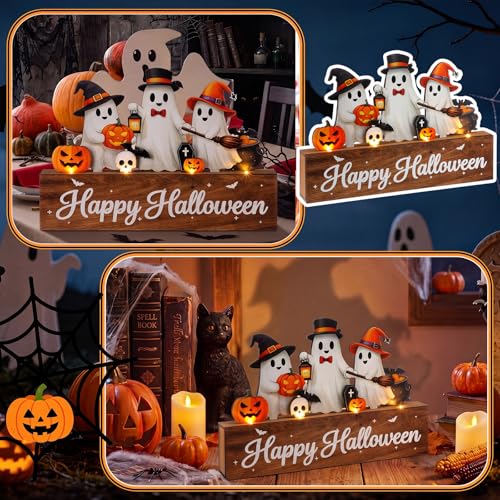 Halloween Ghost Table Decoration with LED Lights - Wooden Indoor Decor