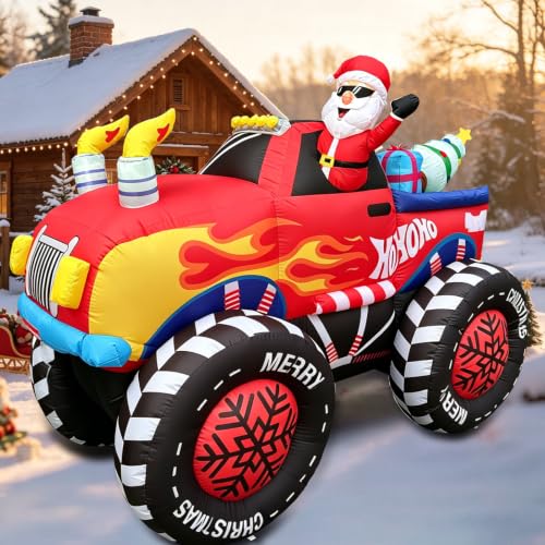 8.2FT Santa Claus Truck Inflatable Christmas Decoration with LED Lights for Outdoor Holiday Yard Display