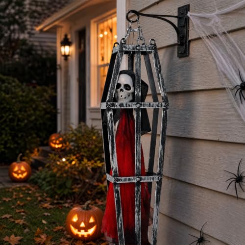 Pirate Skeleton Hanging Decor Set - 2 Pieces Halloween Coffin Cage Skeleton with Red Dress
