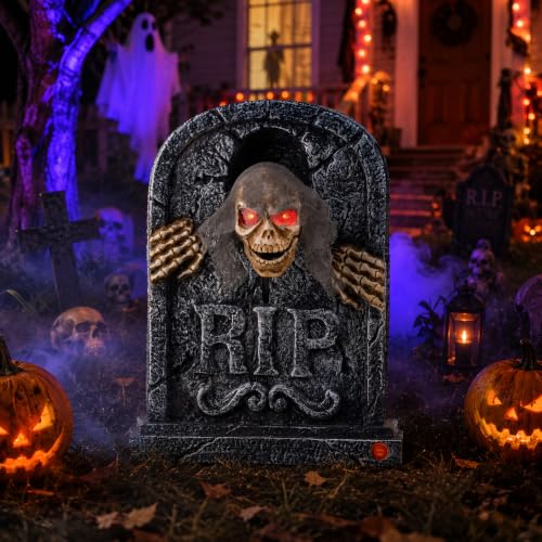 Halloween Animatronic Zombie Tombstone - LED Light Up Skeleton, Creepy Voice & Motion Activated Decor - Variation: Tombstone