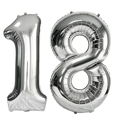 Silver 18 Number Balloons - 40-Inch Foil Mylar Party Numbers, A2-Silver