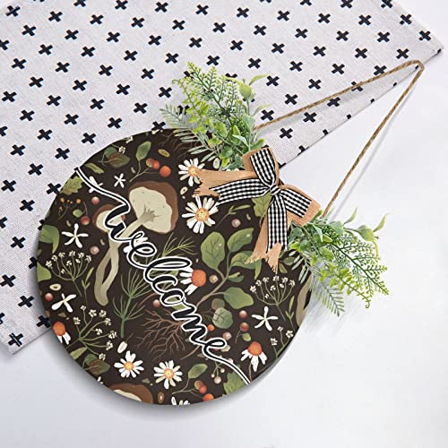 Mushroom Daisy Welcome Sign Farmhouse Front Porch Decor Door Hanging Wreath - 12 x 12 in