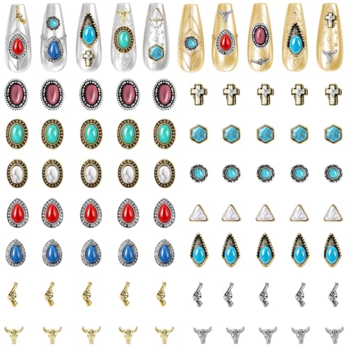 Western Nail Charms Set - 70pcs 3D Turquoise Cowboy Nail Art Decorations