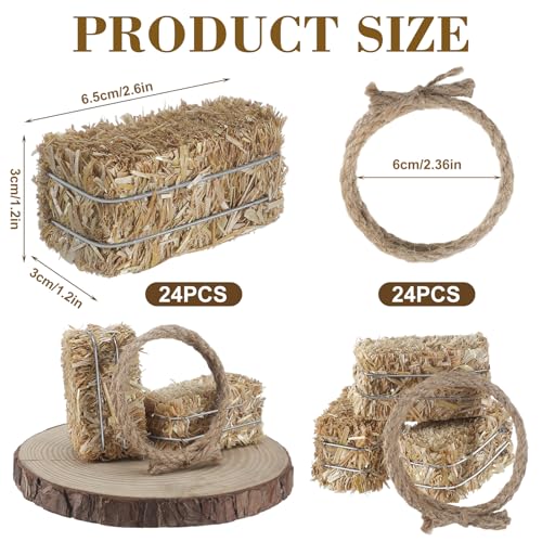 Mini Hay Bale Set - 12 Straw Bales with Hemp Rope Reins for Western Decor - 24 Pieces
