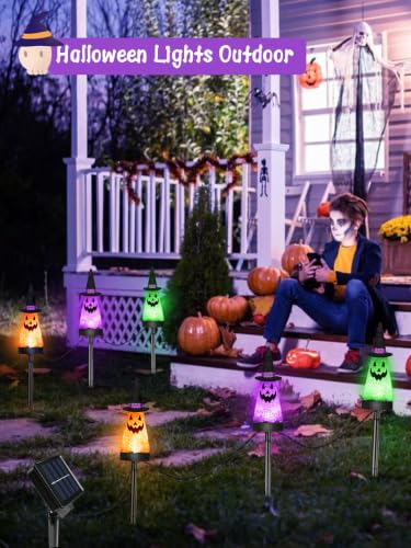 Halloween Solar Ghost Pathway Lights Set - Waterproof Outdoor Decor, 12 Pack, Orange Purple Green Variations