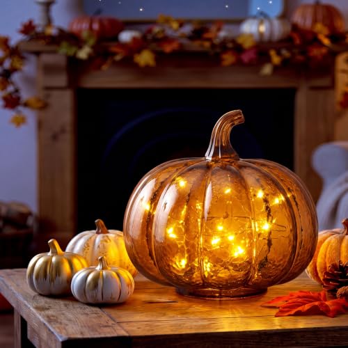 Glooglitter Mercury Glass Pumpkin Light LED Halloween Decor - Small Amber, Round