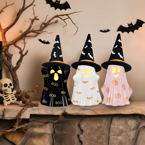 Ceramic Halloween Ghost Decorations Set of 3 with Witch Hats Lighted Indoor Decor
