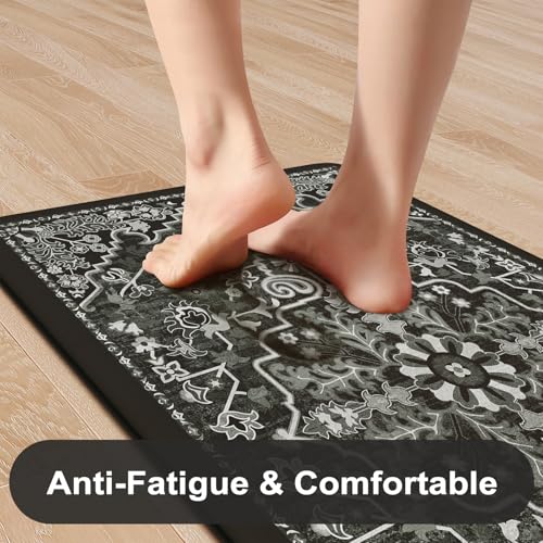 Anti-Fatigue Kitchen Mats Set - Cushioned Boho Rugs 2-Piece Black & Multi
