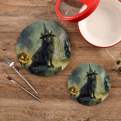 Halloween Cat Potholder and Trivet Set - Woven Cotton Hot Pot Coasters for Cooking Baking