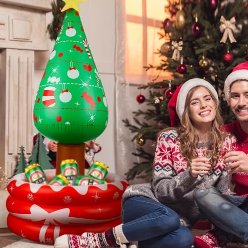 Inflatable Christmas Tree Cooler - 50 Inch Holiday Beverage Cooler with Red Ice Bucket - Tree Variation