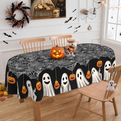 Oval Halloween Tablecloth 52x70 Inch with Spiderweb Ghost Pattern - Black Fabric Party Decor