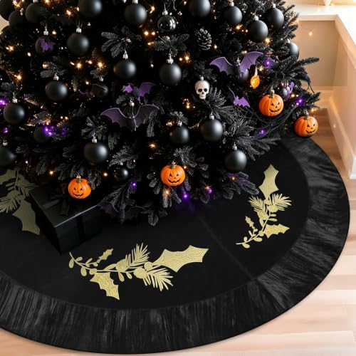 Black Velvet Christmas Tree Skirt 48 Inch with Gold Embroidered Holly - Luxury Holiday Decor