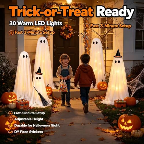 Halloween Ghost Decorations Lighted Indoor Outdoor Set - Adjustable Height Spooky Decor