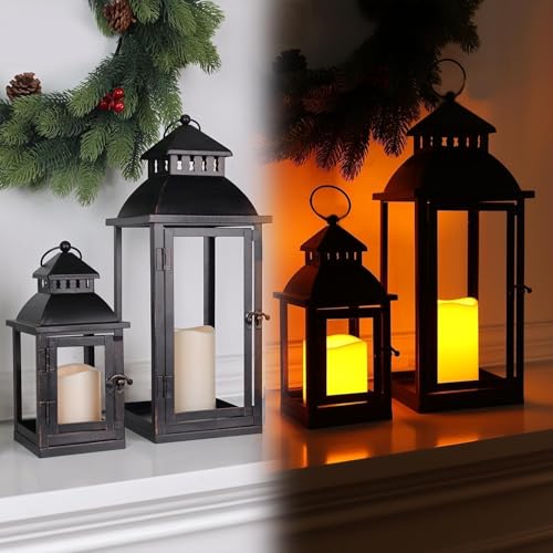 Black Metal LED Lanterns Set of 2 - Large & Medium Outdoor Indoor Decor with Bronze Brush - No Glass