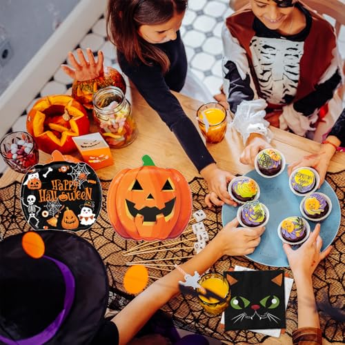 Halloween Party Supplies Kit with Pumpkin Plates Cups Napkins Banner & Tablecloth - Serves 24