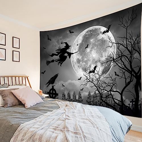 Halloween Moon & Witch Wall Tapestry - Grey Full Moon Night Scene, 40 x 60 Inches