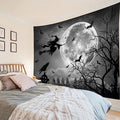 Halloween Wall Tapestry Full Moon Witch & Black Crow Scene 70x92 Inches - Grey Variation