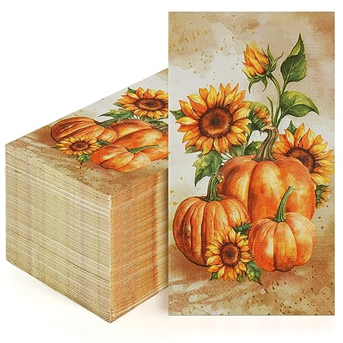 Thanksgiving Fall Paper Napkins - Vintage Pumpkin & Sunflower Design, 100 Pack