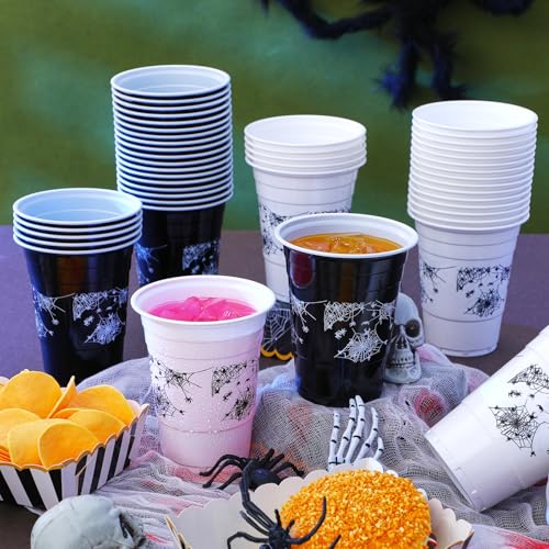 Potchen Halloween Party Disposable Plastic Cups 16oz Black & White Spider Variation of 60 Pcs