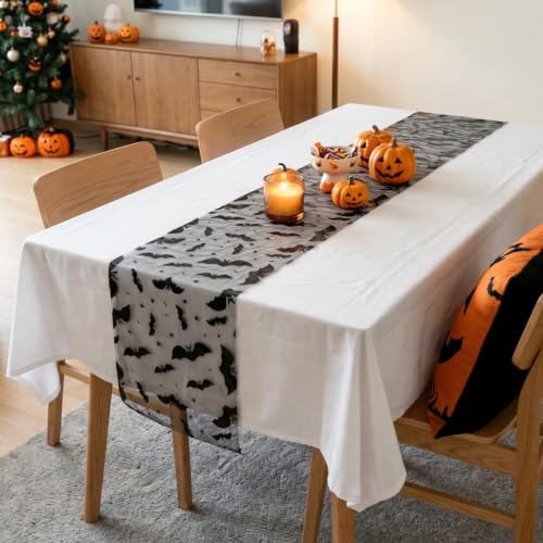 Halloween Black Bat Table Runner 11x108 Inch - Mesh Spooky Decor - Black Bat Variation