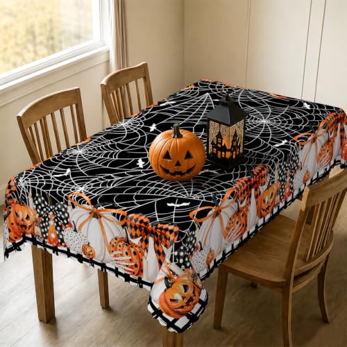 Halloween Rectangle Tablecloth 60x84 Inch with Pumpkin Bat Spider Web Dots - Waterproof & Wrinkle-Resistant