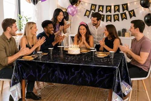 Demon Hunters Birthday Party Tablecloth - Black, Iridescent K-pop Decor, 108x54 Inches