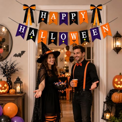 Halloween Banner Set with Double-Layer Satin Bows and Cardstock Pennants