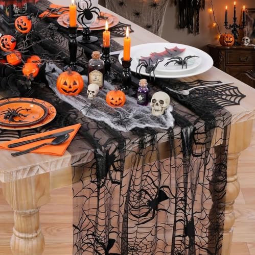 Halloween Table Runner Black Lace Spider Web Spooky Decor 29x120 - Variation of Black Spiderweb