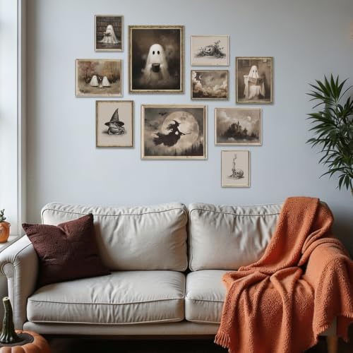 Ghost Halloween Wall Art Set - Cute Ghost Variation, Gothic Moody Decor, Unframed, 10 Pieces