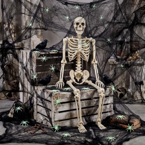 Simgoing Halloween Spider Webs Set with 200 Glow-in-the-Dark Spiders - Black / 204 Variation