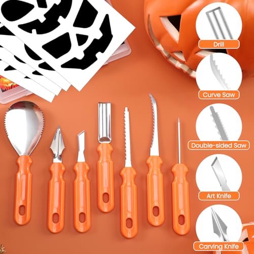 Pumpkin Carving Kit with Stencils - 7 Professional Stainless Steel Tools & Storage Case
