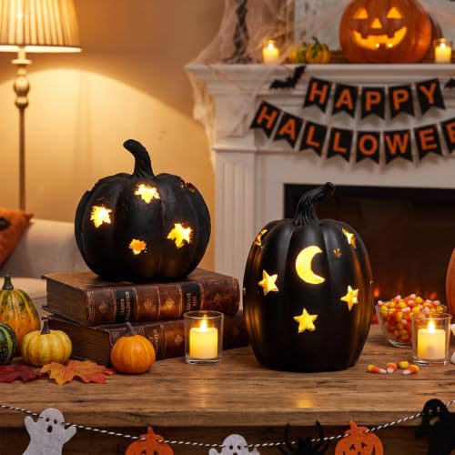 Moon Stars Black Resin Light-Up Pumpkin Figurine - Halloween Decor, 5.3"