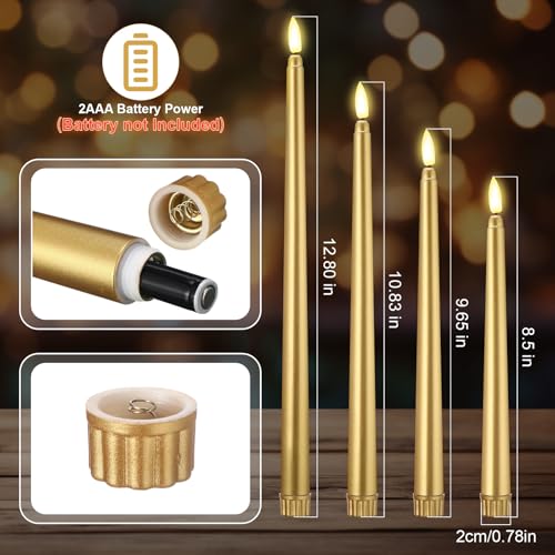 Golden Flameless LED Taper Candles Set - 24 Battery Operated Candles, 8.5-12.8 Inch, Classic Style