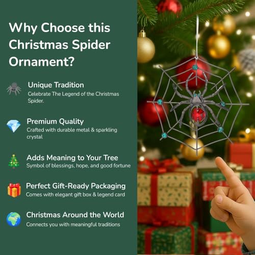 Matashi Black Spider Christmas Tree Ornament with Red and Green Crystals - Hanging Holiday Decor