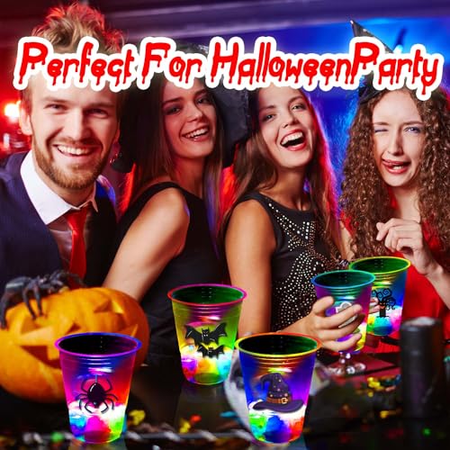 40 Pcs Glow in The Dark Halloween Party Cups - Pumpkin Bat Ghost Theme, 16oz Plastic Drinkware with LEDs & Stickers - Mishunyus