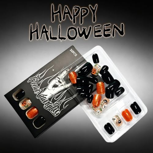 Halloween Press On Nails Short Square Gel Polish Set - Orange Black Skeleton Ghost Spider Glitter 24 pcs - Variation 3