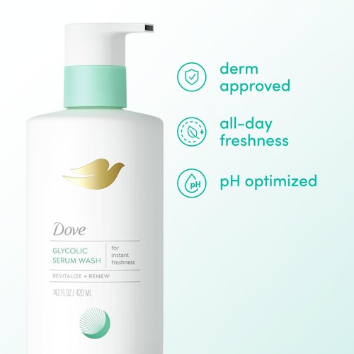 Dove Glycolic Serum Body Wash for Women - For Skin Renewal, Hydration & Odor Control,Fresh Water Lilly Scent 14.2 oz