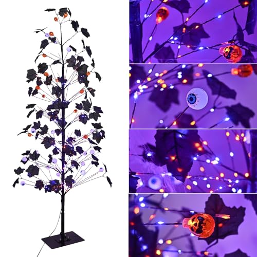 5FT Lighted Halloween Tree with 518 LED Twinkle Lights and Ornaments - Indoor Outdoor Spooky Decor