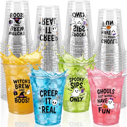 Halloween Plastic Cups 100 Pack - Spooky Theme Sayings & Designs, 12 oz, Party Supplies