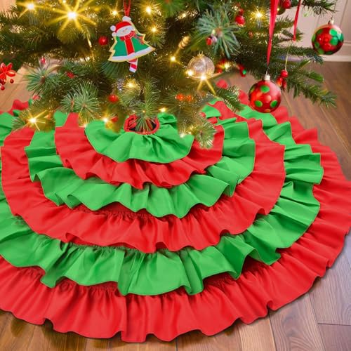 48 Inch Red and Green Ruffle Tree Skirt - Large Fluffy 6-Layer Christmas Decor