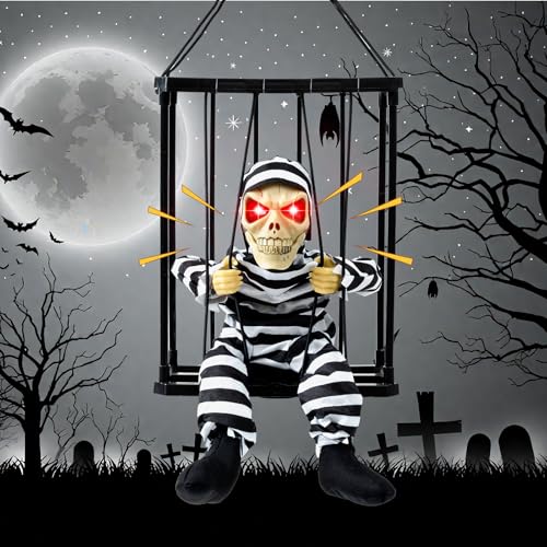 Scary Skeleton Cage Halloween Decor with Motion Sensor, Haunted House Prop