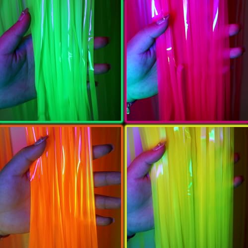 Glow in The Dark Neon Party Supplies - 4-Pack Fluorescent Curtain Set - Orange, Green, Yellow, Pink