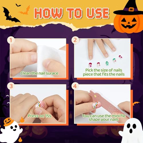 Kids Press-On Nails Halloween Style 144Pcs Short Fake Nail Kit for Girls