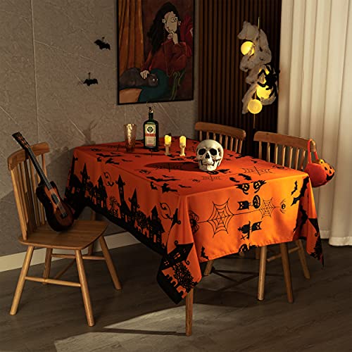 Halloween Haunted House Rectangular Waterproof Tablecloth 60 x 120 Inches - Orange