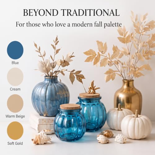 Blue Coastal Fall Pumpkin Decor Glass Jars - Set of 12 - Vesici