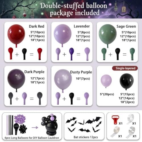 Halloween Balloon Arch Kit - Sage Green Purple Red with Bat Stickers - Variation of Green Purple Red Halloween