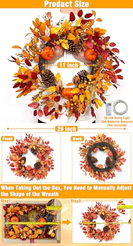 26 Inch Fall Wreath with Lights & Timer for Front Door - Autumn Pumpkin, Eucalyptus, Pinecones